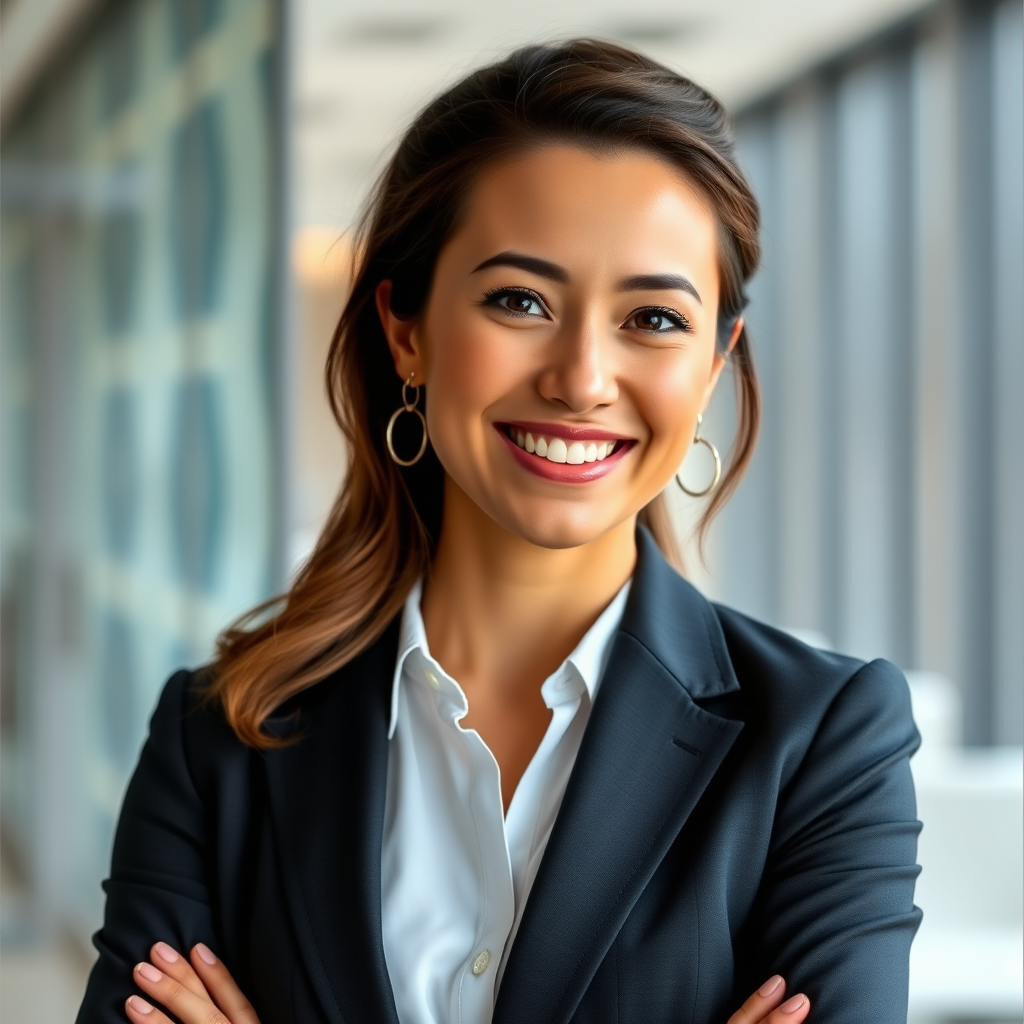 Professional headshot of Sarah Mitchell, a confident female financial analyst in business attire, smiling warmly with a modern office background
