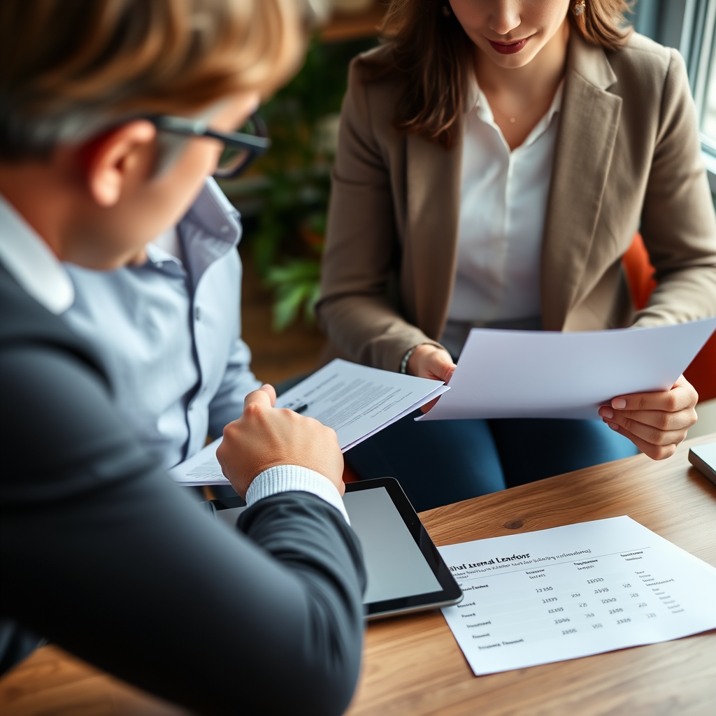 Professional consultation scene showing a financial advisor discussing personal lending options with a Canadian client, featuring documents, calculator, and digital tablet displaying various lending solutions and interest rate comparisons