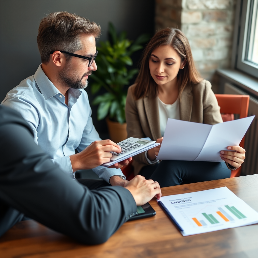 Professional consultation scene showing a financial advisor discussing personal lending options with a Canadian client, featuring documents, calculator, and digital tablet displaying loan comparison charts