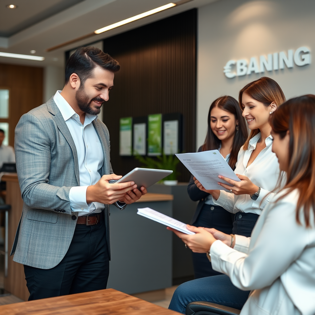 Modern Canadian banking office with financial advisors helping customers with personal lending applications, showing digital tablets and loan documents