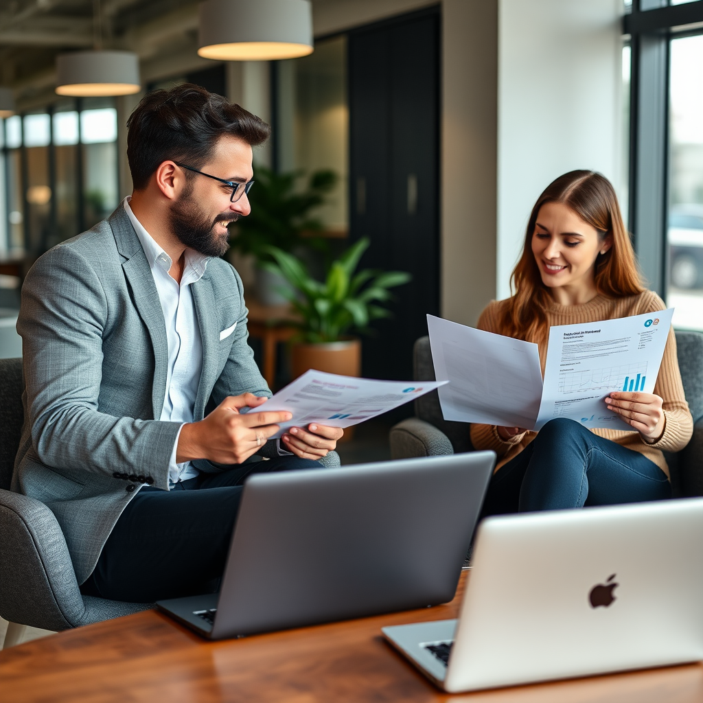 Modern office setting with Canadian entrepreneurs reviewing business financing documents and digital financial tools on laptops, representing the diverse funding landscape available to Canadian businesses