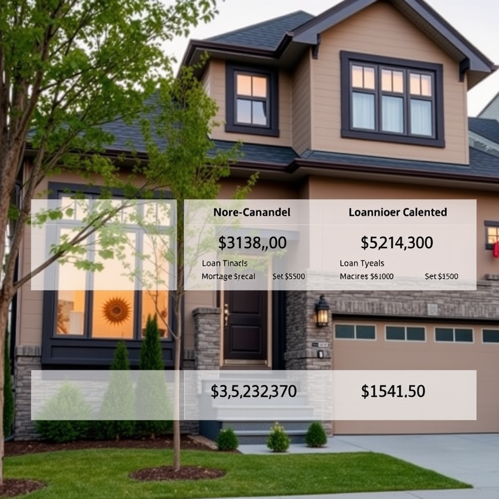 Modern Canadian home with mortgage financing options overlay showing different loan types and interest rates
