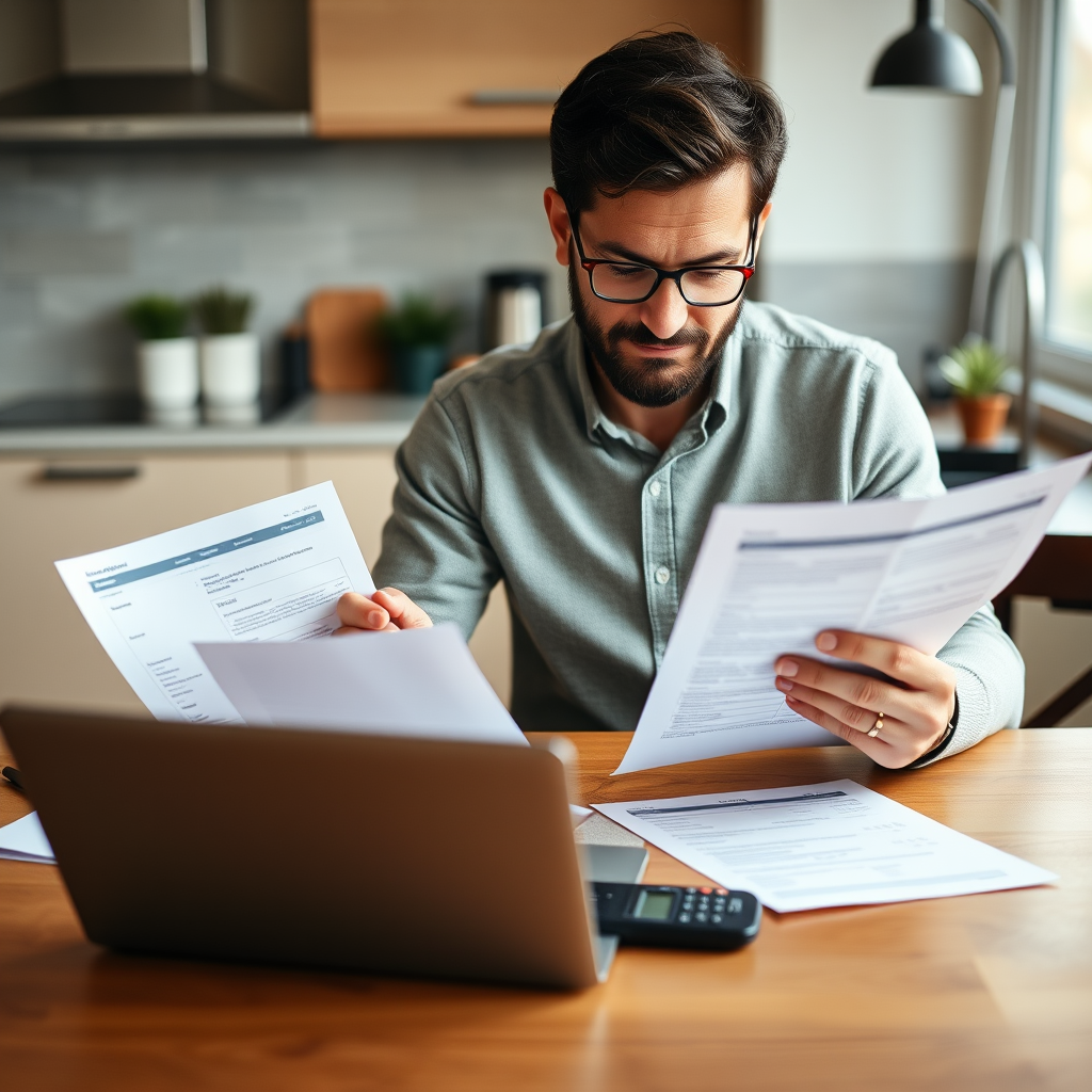 Canadian homeowner reviewing refinancing documents at modern kitchen table with laptop and calculator, showing mortgage papers and digital banking interface