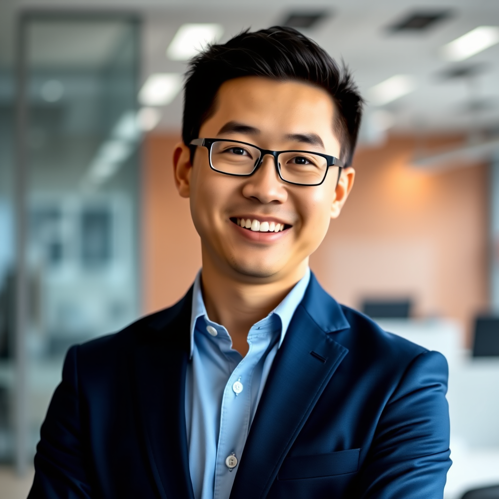 Professional headshot of Michael Chen, Technology Integration Specialist, wearing a navy blue suit jacket with a friendly smile, standing against a modern office background with subtle tech elements