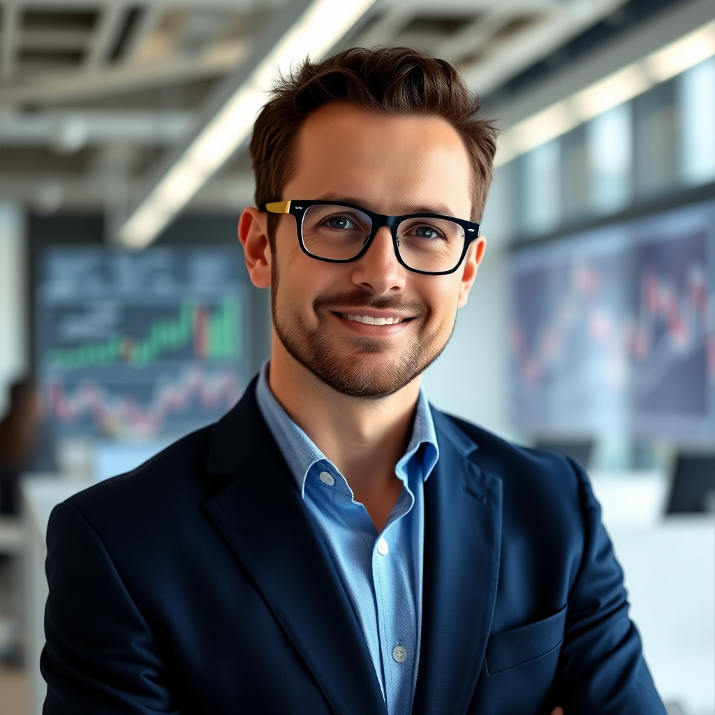 Professional headshot of David Thompson, Market Research Director at FinScope Neo, wearing a navy business suit and glasses, standing in a modern office environment with financial charts visible in the background