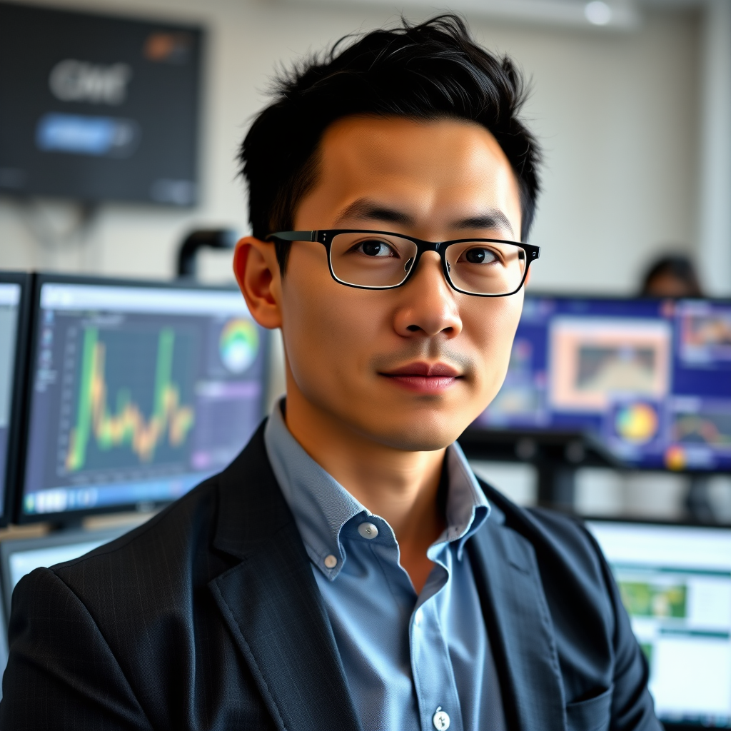 Professional headshot of Michael Chen, a focused male technology specialist in smart casual attire, with computer screens and tech equipment visible in the background