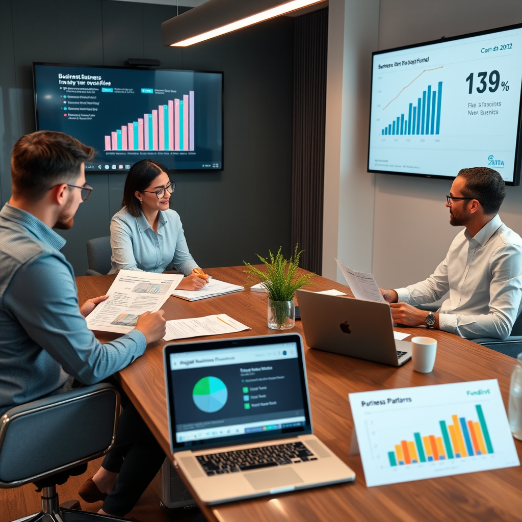 Modern business meeting room with entrepreneurs reviewing business financing documents, laptops showing digital lending platforms, charts displaying funding options, and Canadian business growth statistics on presentation screen