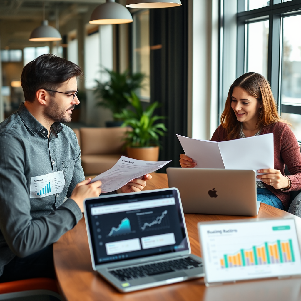 Modern office setting with Canadian business owners reviewing financing documents, laptops showing digital lending platforms, charts displaying business growth metrics and funding options