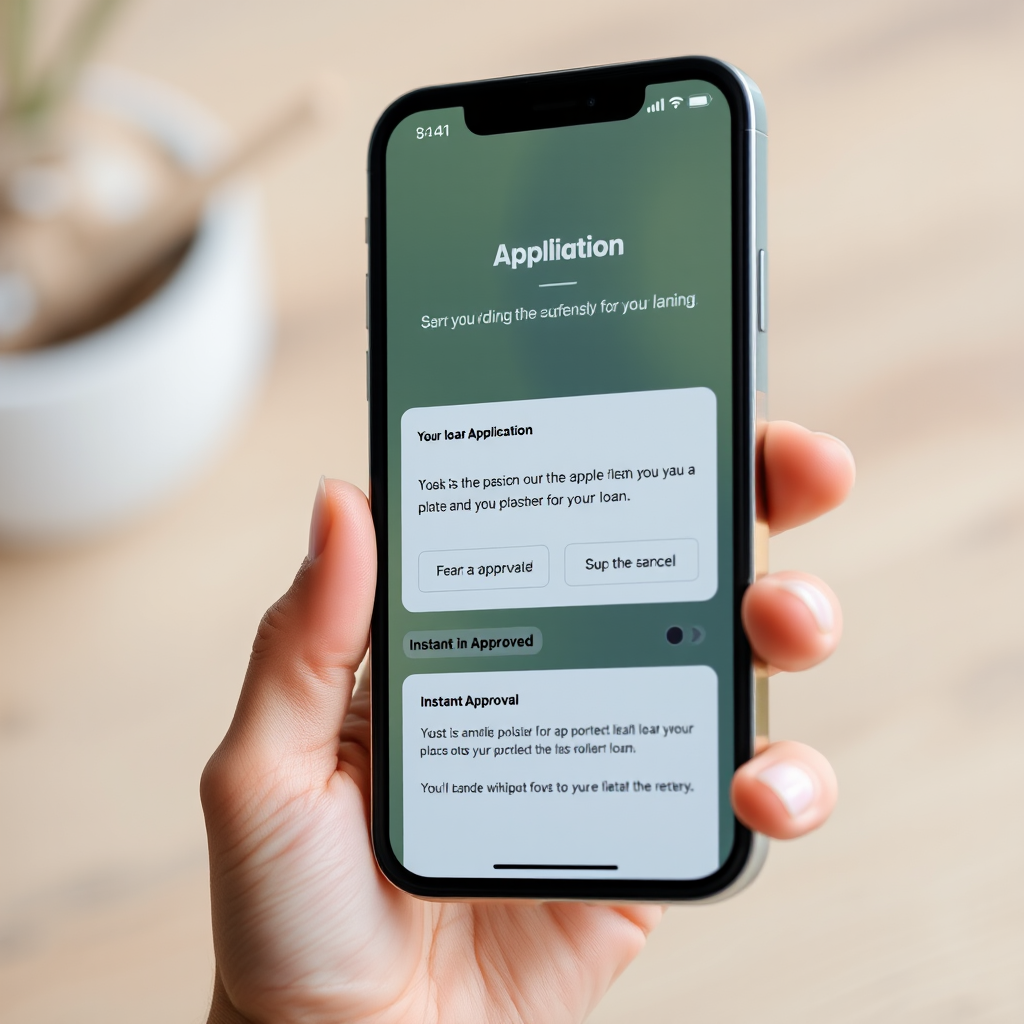Modern smartphone showing a digital lending app interface with loan application forms and instant approval notifications