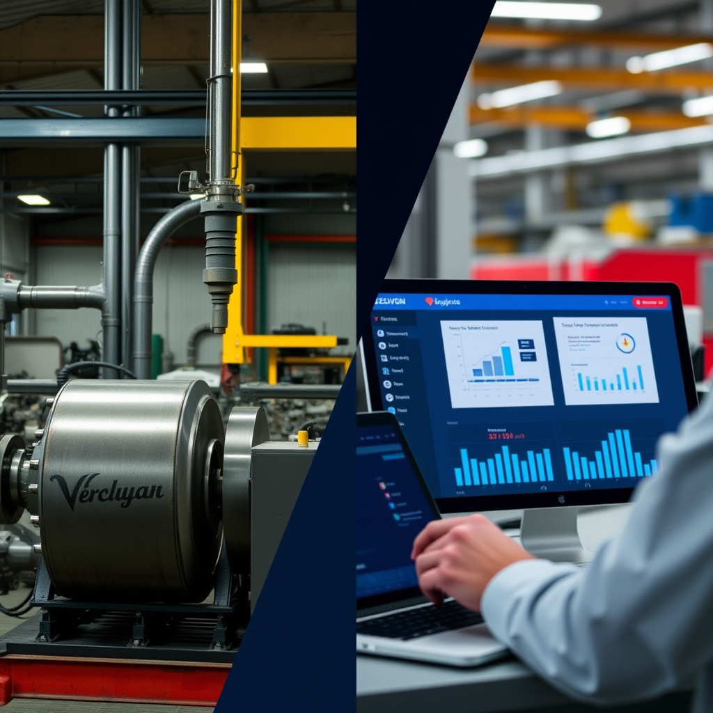 Split-screen comparison showing traditional manufacturing equipment on one side and modern digital business tools on the other, illustrating the range of equipment financing options available to Canadian businesses