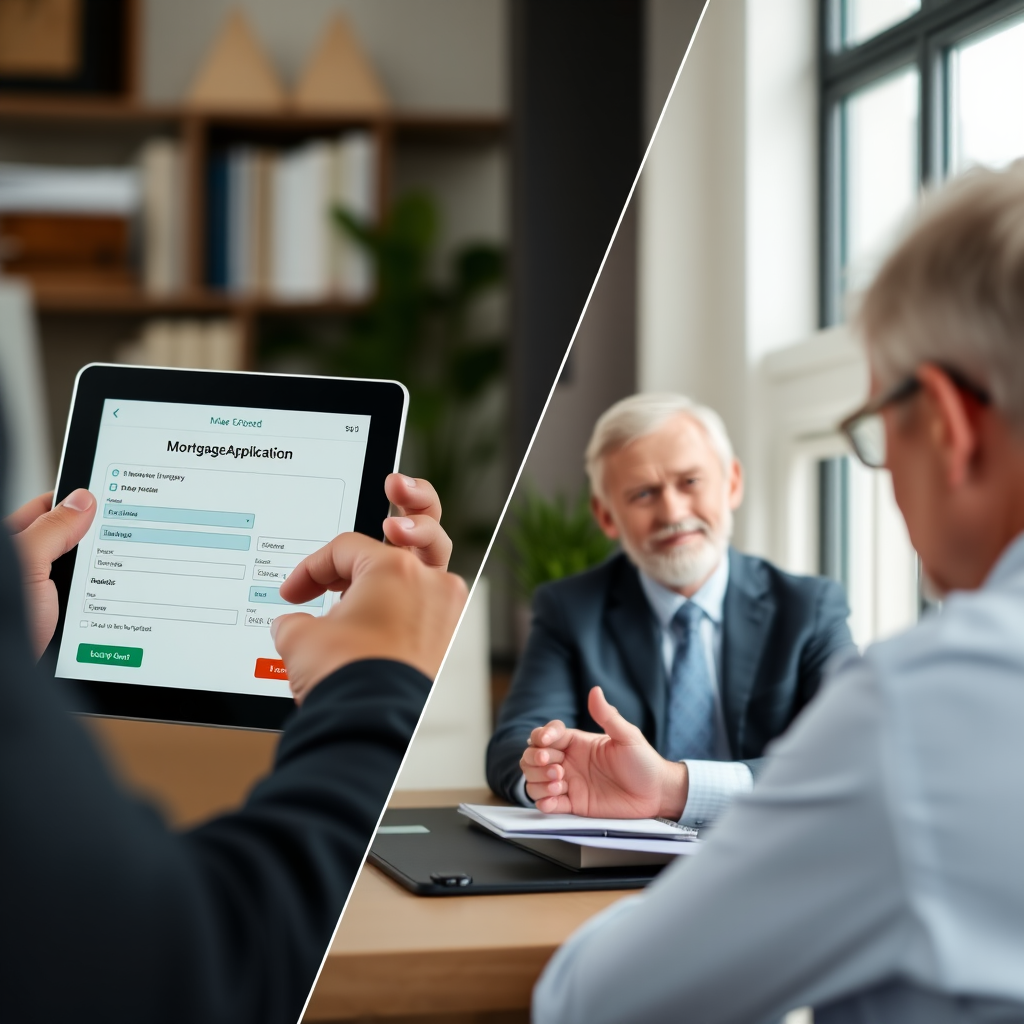 Split screen comparison showing digital mortgage application on tablet versus traditional bank meeting with loan officer