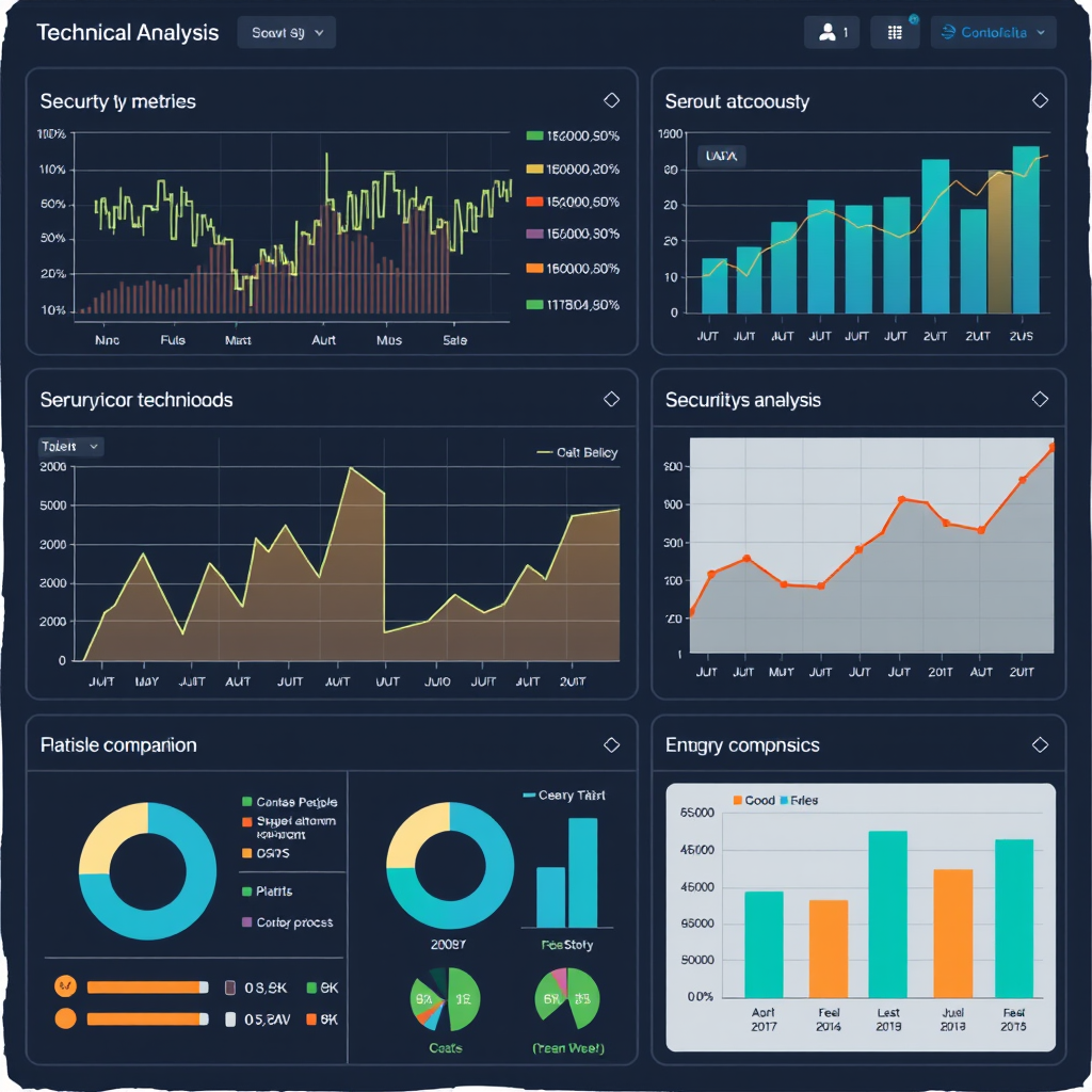 Illustration showing technical analysis dashboard with security metrics, performance graphs, and platform comparison charts representing Michael Chen's comprehensive approach to financial technology evaluation