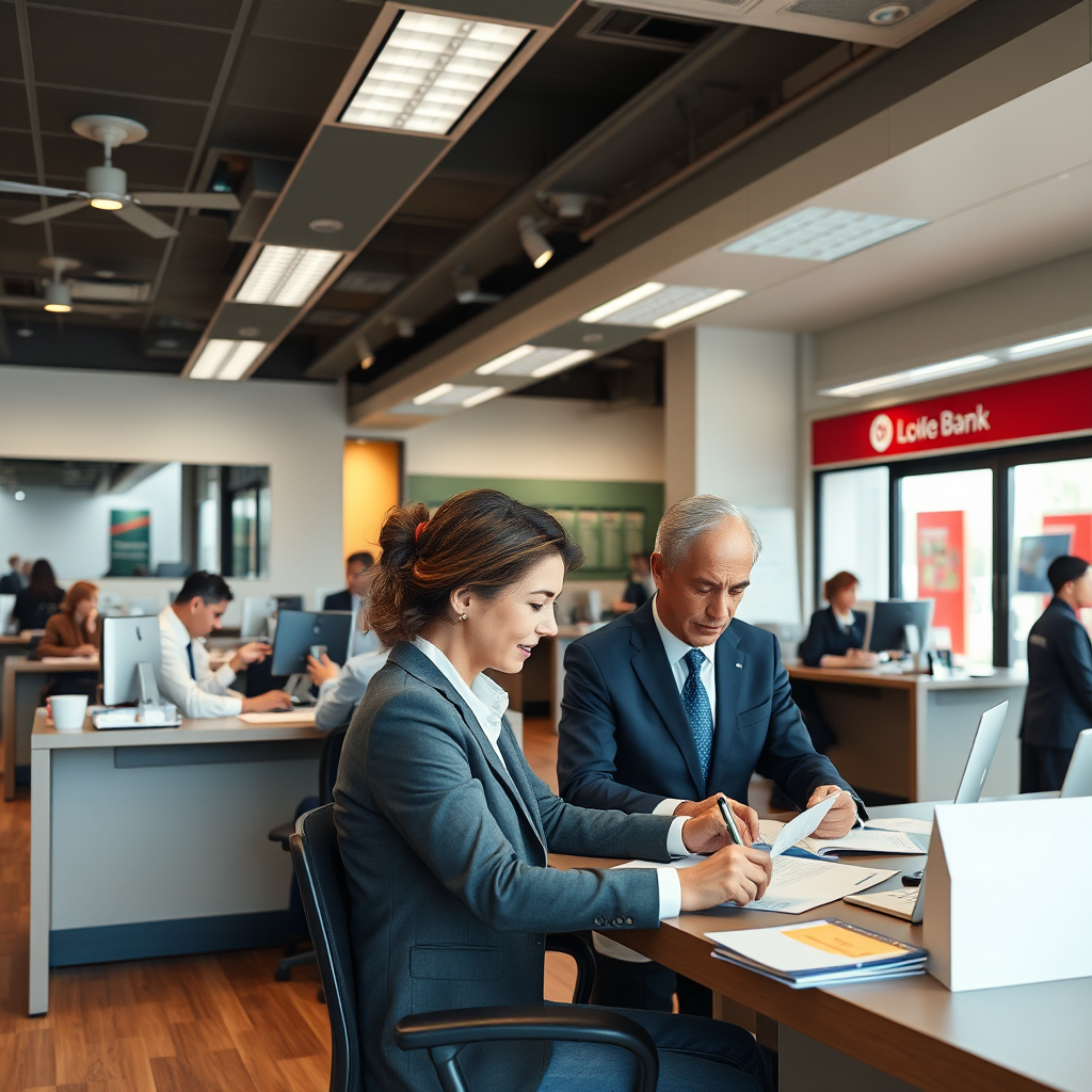 Professional bank branch interior with loan officers at desks helping customers with personal lending applications and paperwork