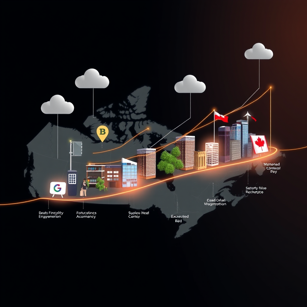 Dynamic business growth visualization showing Canadian companies expanding across multiple locations with digital financial tools supporting their growth journey