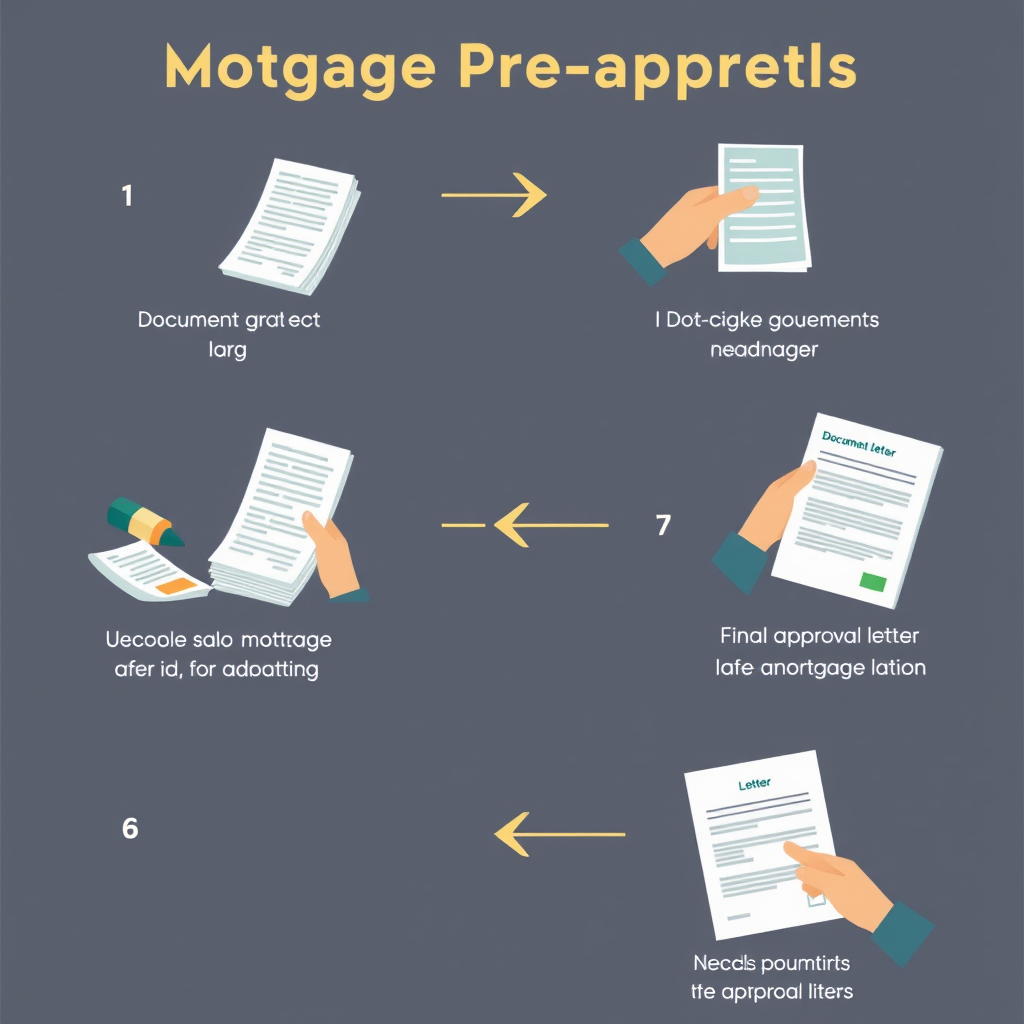 Step-by-step infographic showing mortgage pre-approval process from document gathering to final approval letter