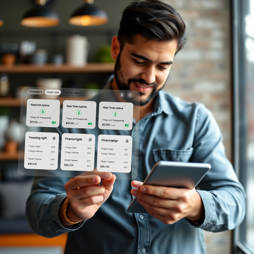 Modern digital interface showing a Canadian business owner using a tablet to access digital lending platform with various financing options and real-time approval status
